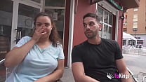 Busty broad seduces a stranger in the street and flashes her tits